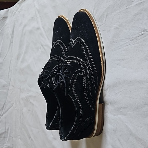 Black suede oxfords with white stitch accent by Giorgio Brutini. - Picture 2 of 7